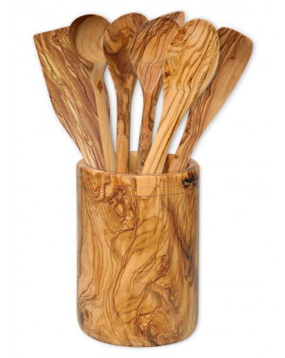 Set 6 Cooking Utensils & Holder Olive Wood