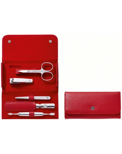Zwilling: Classic Inox Maniküre Pediküre Druckknopfetui 5-tlg., Rindleder, rot