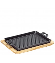Küchenprofi: BBQ Grill-/Servierplatte eckig Gusseisen mit Holzbrett